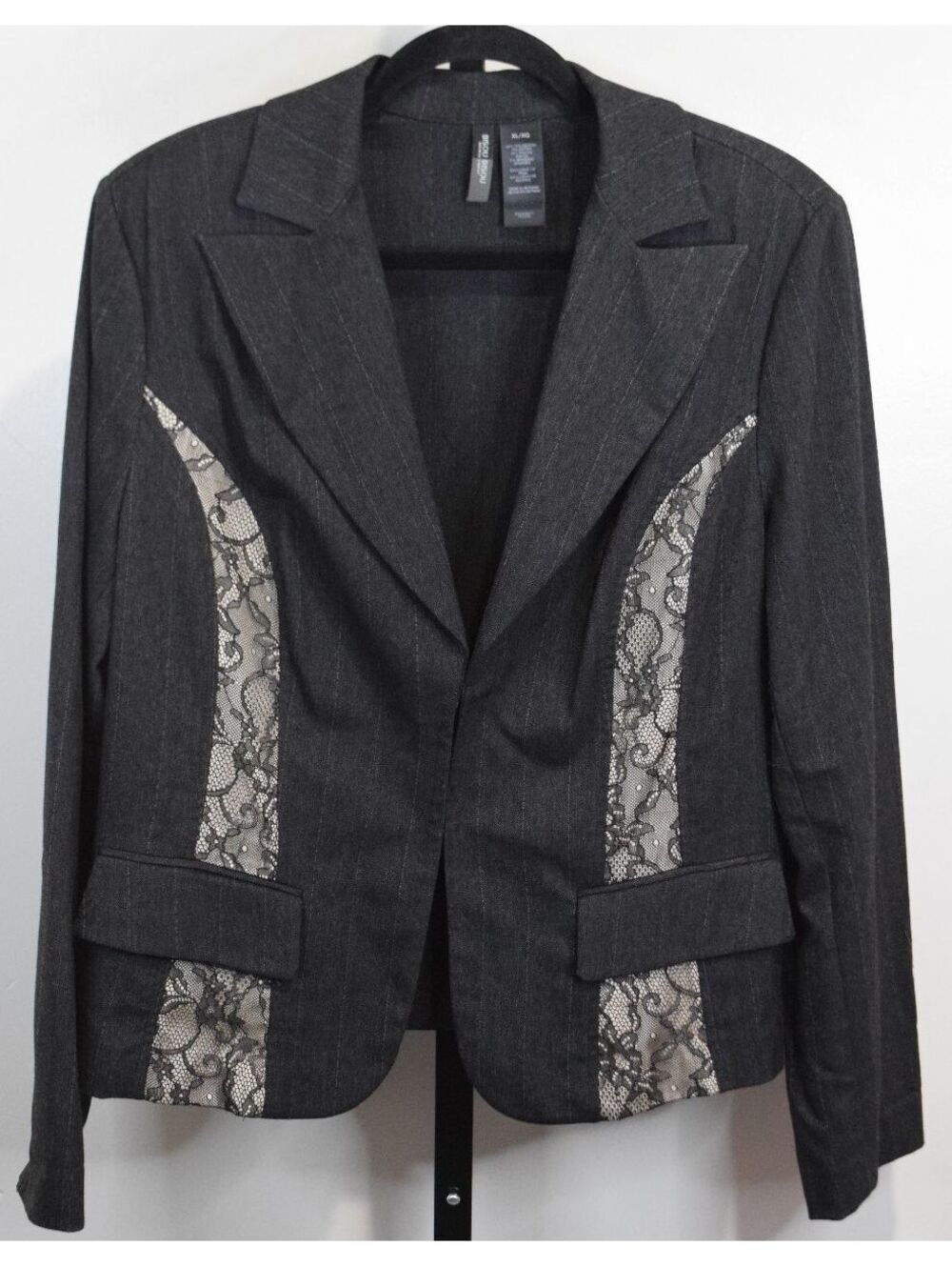 Bisou Bisou Pinstripe Blazer with Lace Panel Trim Gray Size XL Y2K Business